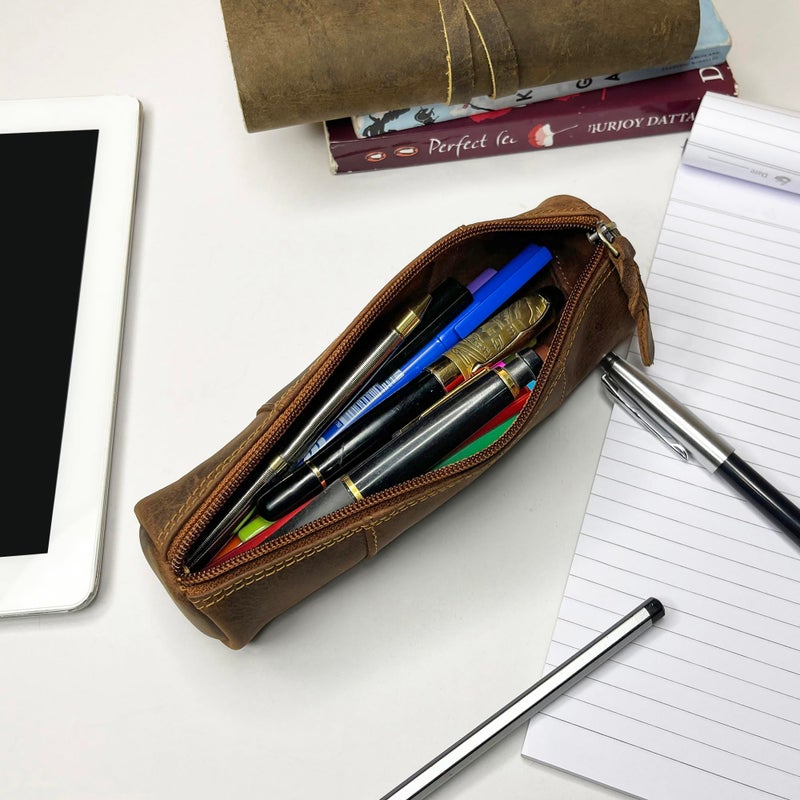 Rustic Town Leather Pencil Case - Full Grain Leather Zippered Pen Pouch - Stationery Bag Pen Holder for Work & Office, Brown, M, Pc200505flr-tan - Image 4